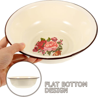 Enamel Mixing Bowl, Large Vintage Flower Face Washing Basin for Camping, Dinner Serving Platter