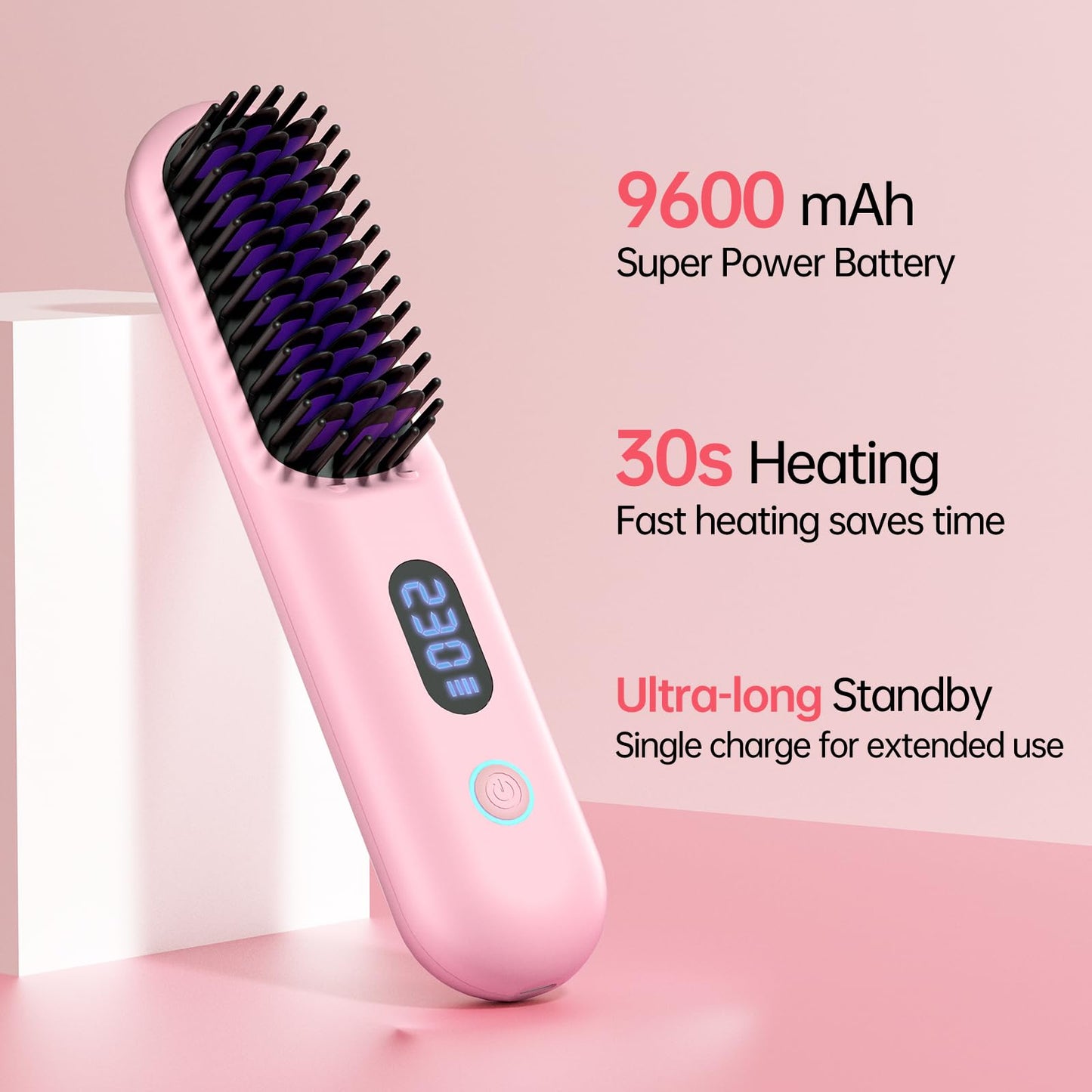 Cordless Hair Straightener Brush-Portable Straightening Comb, 9600mAh Batt, Plasma Tech, 9 Temp-Settings & LED Display, for Travel & Home(Pink)