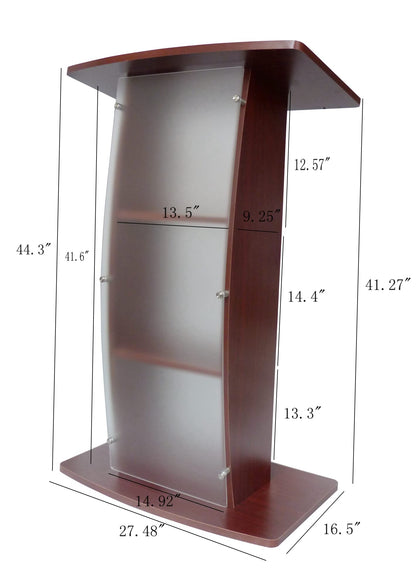 FixtureDisplays® 44.25" Tall Podium for Floor, Curved Frosted Front Acrylic Panel - Red Mahogany 19658