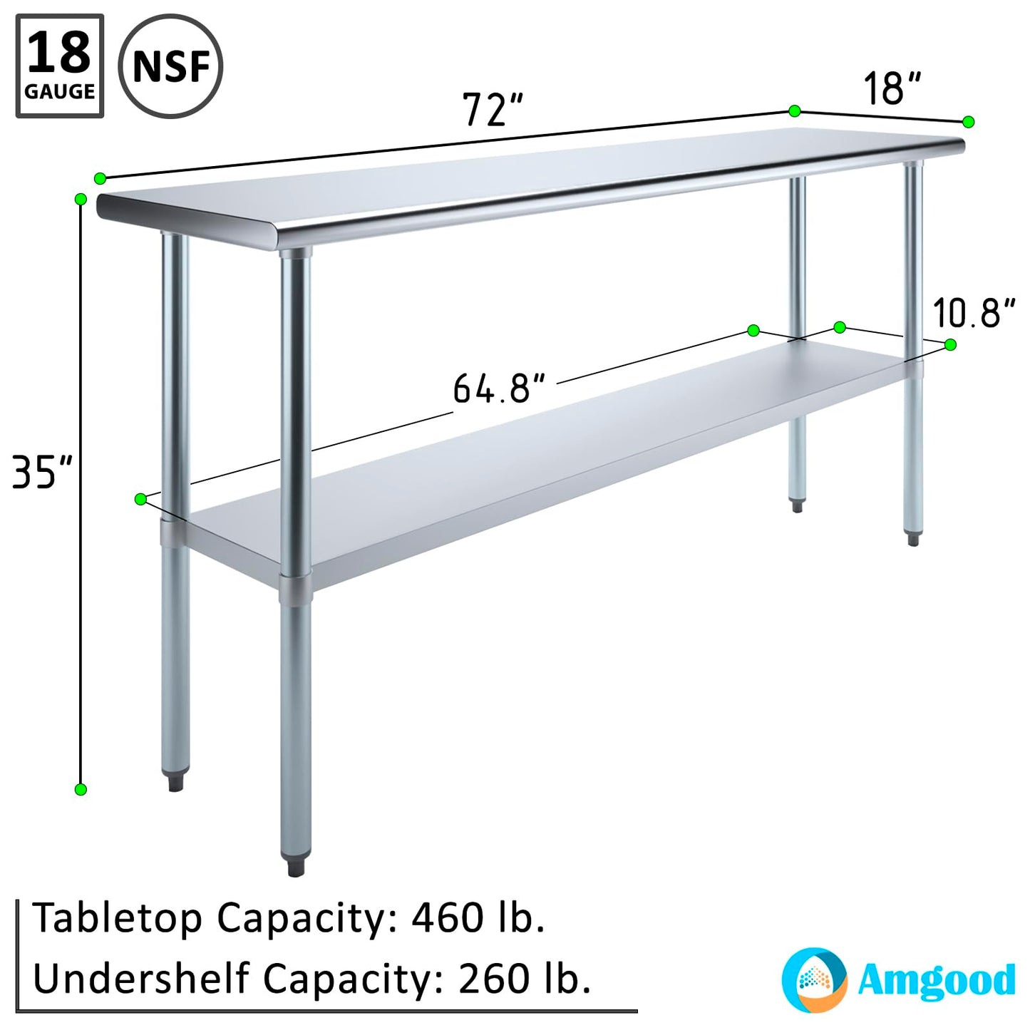 AmGood 18 in. x 72 in. Stainless Steel Work Table | Metal Kitchen Food Prep Table | NSF