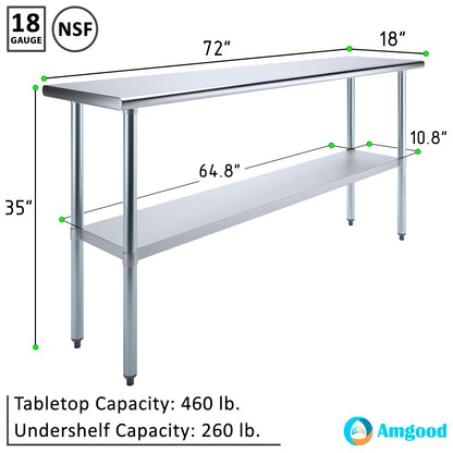 AmGood 18 in. x 72 in. Stainless Steel Work Table | Metal Kitchen Food Prep Table | NSF