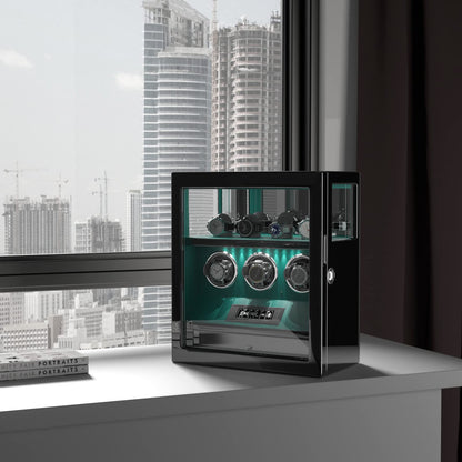DUKWIN Watch Winder, Fingerprint Lock Automatic Watch Winder for 3 Watches with 4 Holders,300-2300 TPD,Digital Display, Remote Control,Jewelry Storage and Adjustable Watch Pillow and LED Light,Green