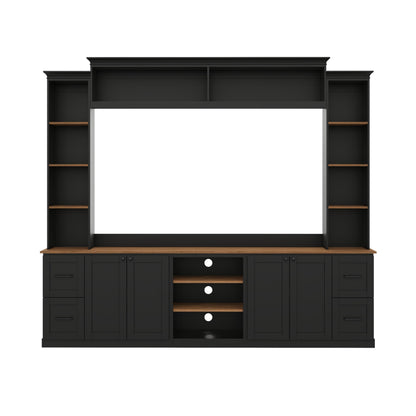 Ball & Cast 94.8" Entertainment Center Wall Unit with Bookshelf for TVs Up to 70",Farmhouse Large TV Stand with Walnut Adjustable Shelves,Retro Media Console with 4 Drawers for Living Room,Black