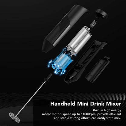 Mini Handheld Drink Mixer - Portable Stainless Steel Electric Milk Frother with Metal Base (Black and Bracket)