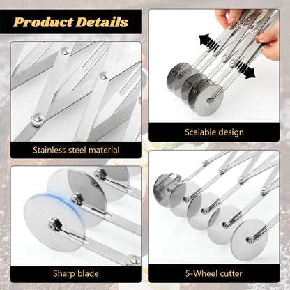 5 Wheel Stainless Steel Pizza Cutter with Double Wheel Dough Divider Expandable Multi Use Pastry Knife Baking Roller for Kitchen