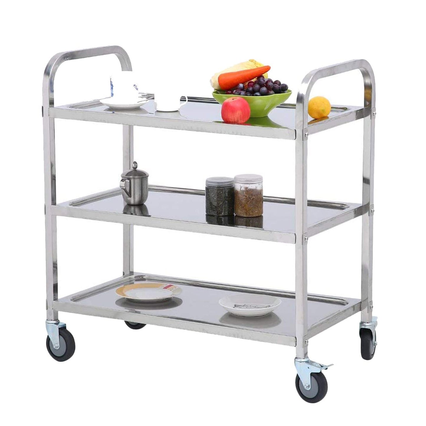 GenSDH Trolley Movable Hand Trucks Large Stainless Steel Utility Cart,3 Tier Rolling Kitchen Service Cart,Catestorage Trolley with Locking Wheels for Hotels Restaurant