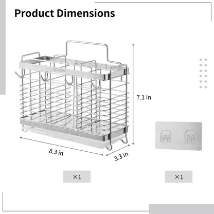 OMISTAR Silverware Drying Rack - Metal Basket, 3 Compartments Stainless Steel Wire Holder, Kitchen Countertop Organizer with 4 Hooks for Forks, Spoons, Chopsticks