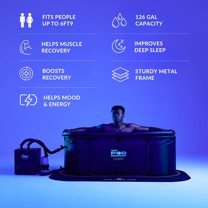 The Pod Company Cold Plunge Bundle – Long Pod (126 Gallon) + 1/3 HP Standard Water Chiller (41°F) – Extra-Large Metal Frame Cold Plunge Tub with Filtered Cooling System