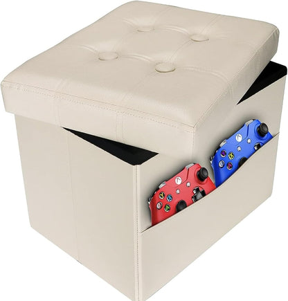 16 inches AmasSmile Storage Ottoman Folding Foot Rest Stool with Side Pocket, Leather Footstool Bench, Short Ottoman