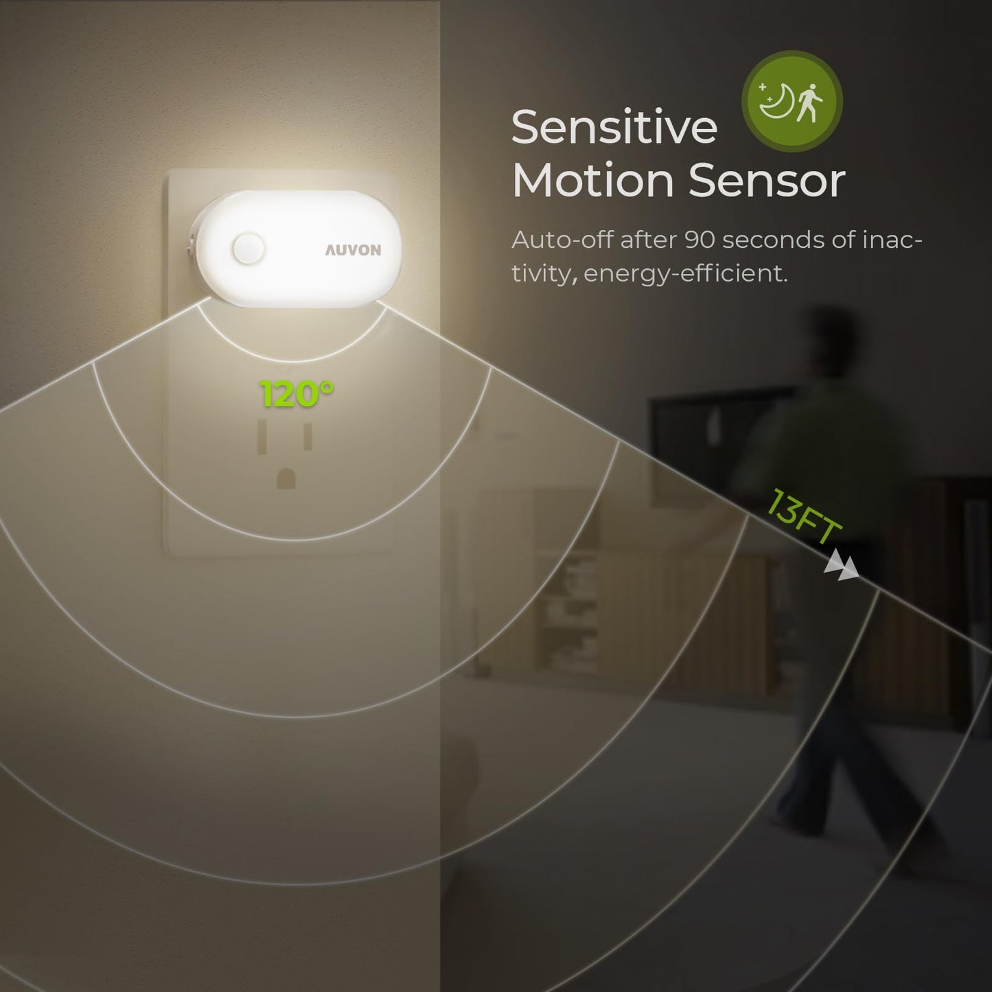 AUVON Night Light Plug in with Motion Sensor (120 Lumens), Dimmable Smart LED Night Lights, 1-120lm Brightness, for Bathroom, Hallway, Garage, Toilet (4 Pack)