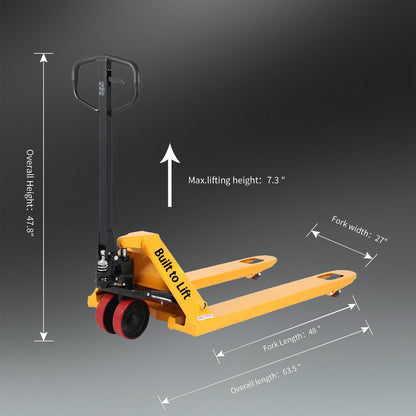 Built to Lift Pallet Jack Truck, 5500lbs Capacity 27" W x 48" L Forks Manual Standard Duty Pallet Truck for Warehouse
