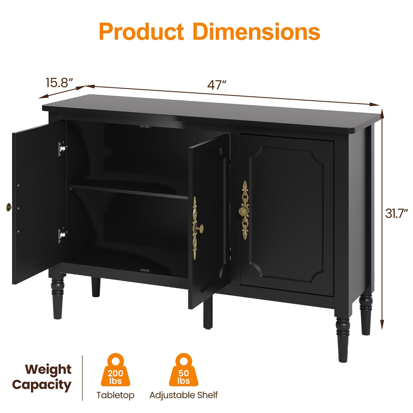 RoyalCraft Buffet Cabinet with 3 Doors, Mid-Century Modern Sideboard with Storage, Painted Wood Coffee Bar Table with Adjustable Shelves, Credenza Cabinets for Kitchen, Living Room, Dining Room, Black
