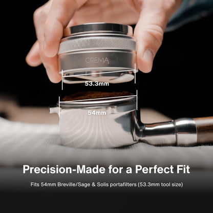 CREMA Coffee Products 53.3mm Hand Tamper & Coffee Distributor | Compatible with Breville Portafilters | Double-Sided, Adjustable Depth Tool | Made with Durable 304 Stainless Steel | Silver