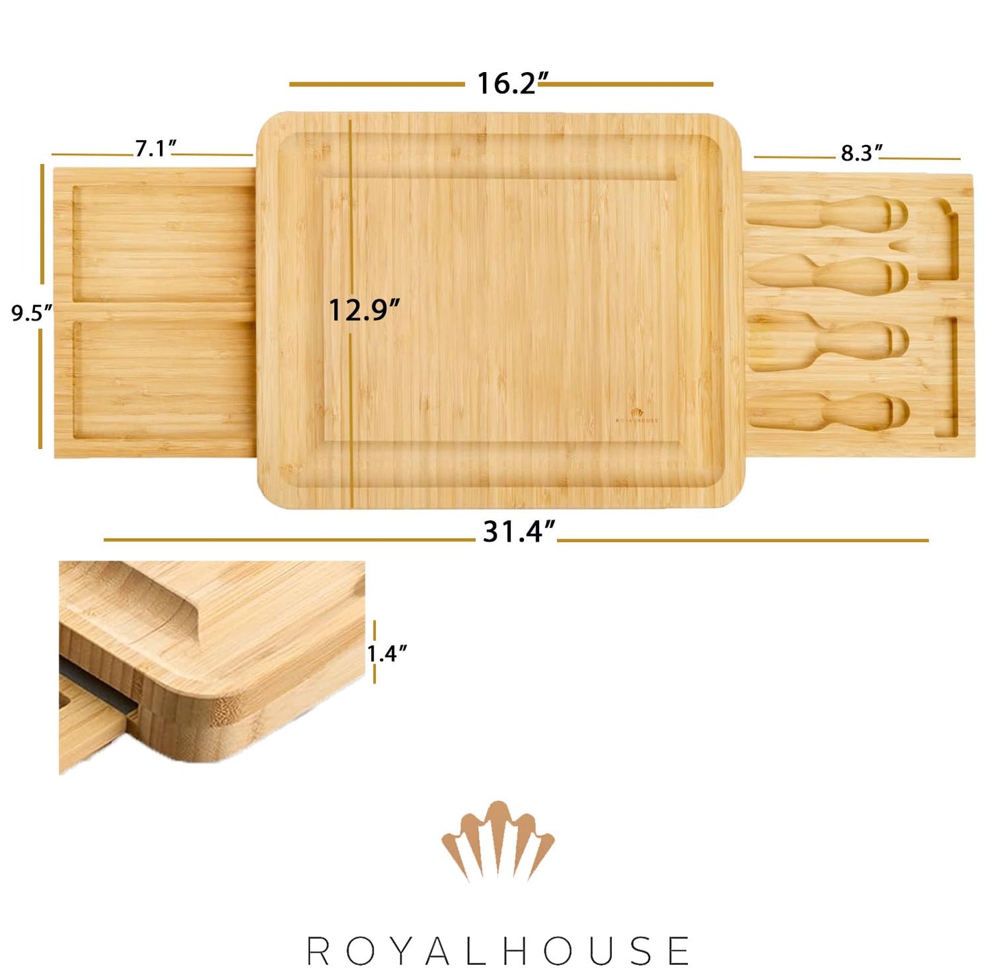 RoyalHouse Unique Bamboo Cheese Board & Knife Set with 2 Slide-Out Cutlery Drawers - Charcuterie Boards Set - Gifts for Women Birthday, Wedding Couples 2025, Bridal Shower