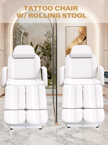 Facial Chair Tattoo Chair for Client, Facial Bed Esthetician Adjustable Massage Table with Headrest & 360° Rolling Stool, Split Legs Design, Lash Bed for Salon Spa Massage Equipment, Elegant White