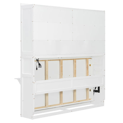 Merax Twin Murphy Bed Frame with Top Cabinet, Multi Storage Shelves & 4 Ratten Doors, 2-in-1 Bed Desk Space Saving Foldable Wall Bed with Light & USB Charging Ports, White