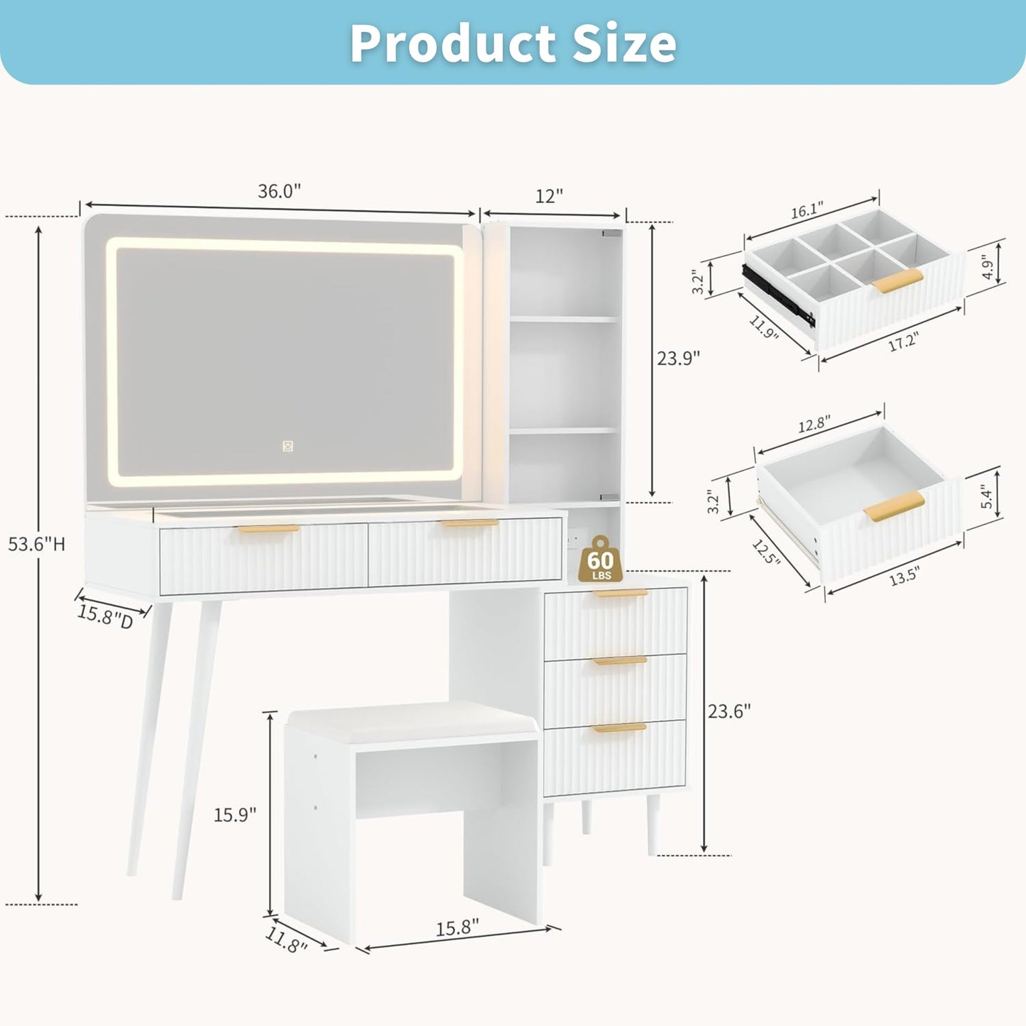 GarveeHome Fluted Vanity Desk with Mirror and Lights, 48" Large Makeup Vanity with Glass Top, 3 Modes LED Lighting with Adjustable Brightness, Dressing Table with Charging Station and Stool, White