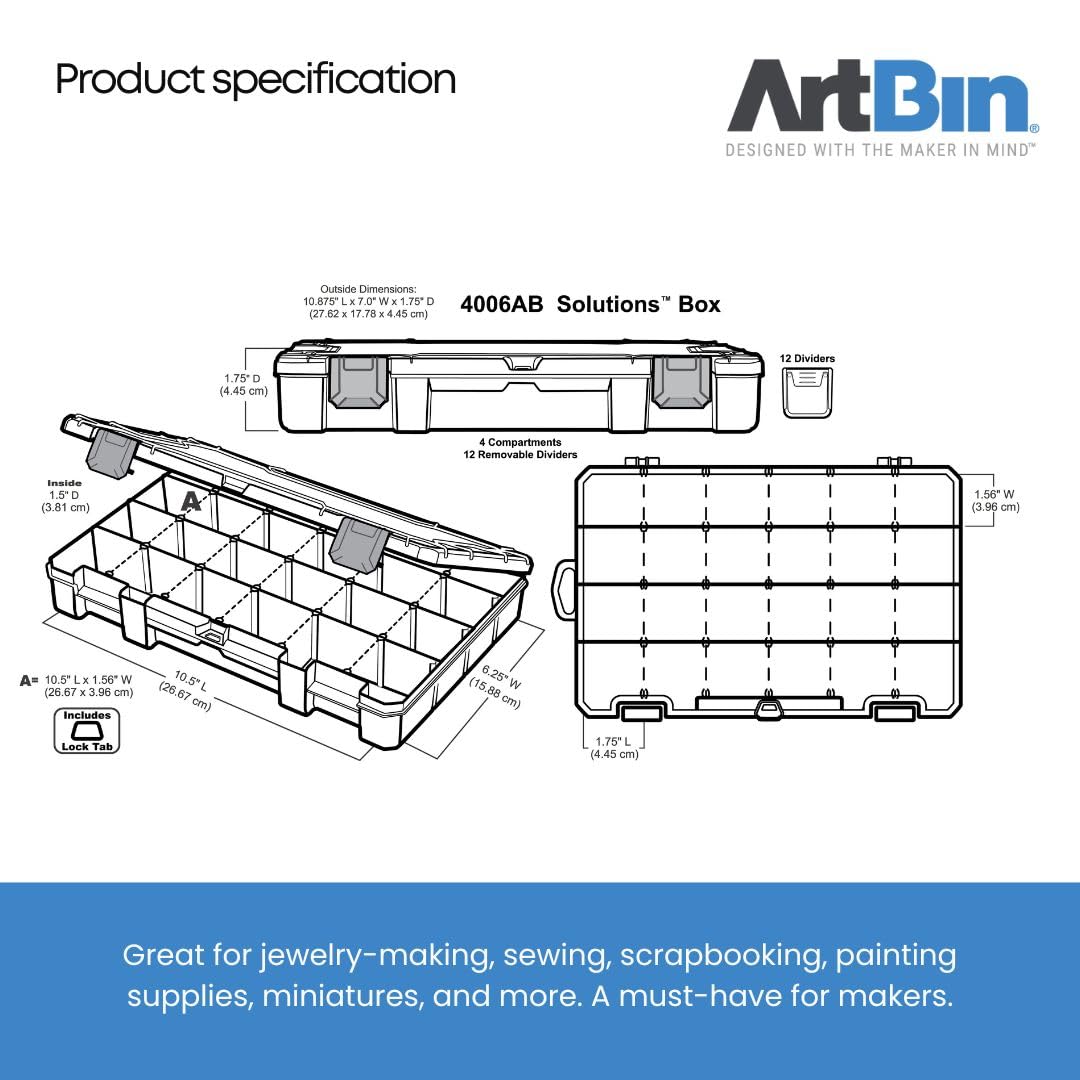 ArtBin 4006AB Medium Solutions Box with Dividers, Art & Craft Organizer, [1] Plastic Storage Case, Clear