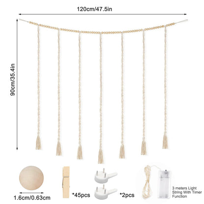 shuielai Macrame Hanging Photo Display with String Lights, Boho Wall Decor with Wooden Beads Garland & Clips, Picture Collage Holder for Bedroom Living Room Dorm, for Teen Girls