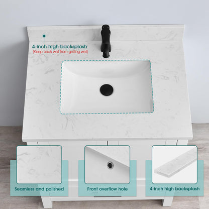 EQLOO 30" x 22" Vanity Top, Volakas White Engineered Stone Vanity Sink Top, with Undermounted Rectangular Sink & Backsplash Countertops, Pre-Drilled Single Hole for Bathroom Vanity Top with Sink