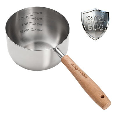 TREMENDRY 1PCS 2Cup(480ml | 16oz) Dog Cat Food Scoop, 18/8(304) Stainless Steel Measuring Cup with Wooden Handle, Etched Measurements Inside, BPA Free Portion Control for Pets & Kitchen Use