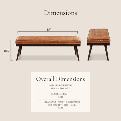 Poly & BARK 55" Tufted Leather Bed Bench for Bedroom End of Bed - Living Room Entry Way Bench - Pure Italian Leather Upholstery with a Solid Wood Frame - Ottoman Bench with Wooden Legs - Cognac Tan