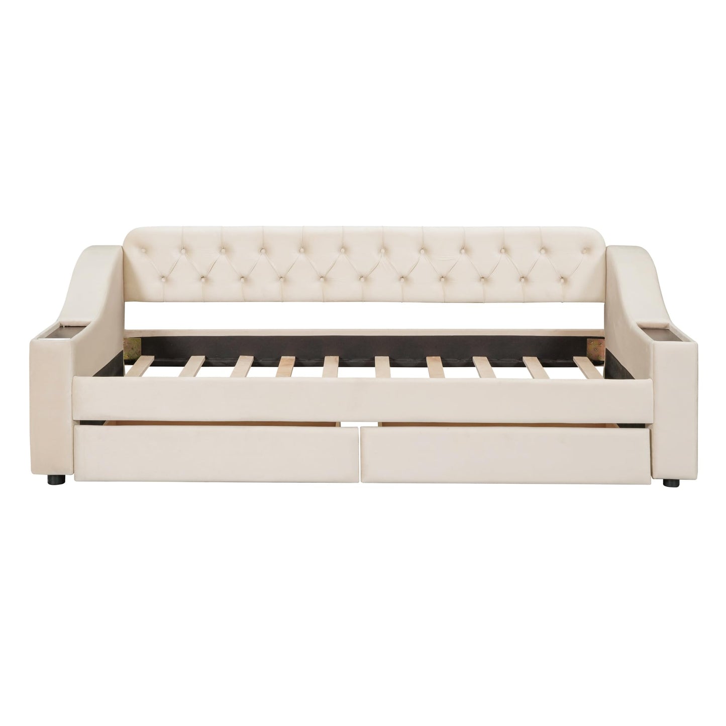 Acosure Twin Size Upholstered Daybed with 2 Large Drawers and USB Port,Bed Frame W/Armrests & Wood Slat Spport,for Bedroom,Apartment,Guest Room,Beige