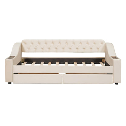 Acosure Twin Size Upholstered Daybed with 2 Large Drawers and USB Port,Bed Frame W/Armrests & Wood Slat Spport,for Bedroom,Apartment,Guest Room,Beige