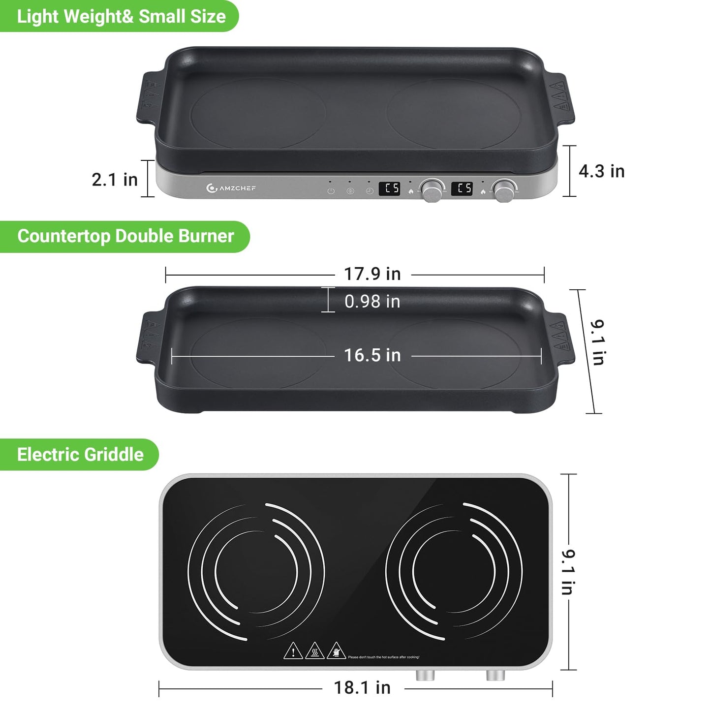 AMZCHEF Double Induction Cooktop with Removable Griddle Pan Non-stick, 1800W 2 burner Portable Induction Stove With Sensor Touch 9 Power Levels, 99 Min Timer, Iron Grey