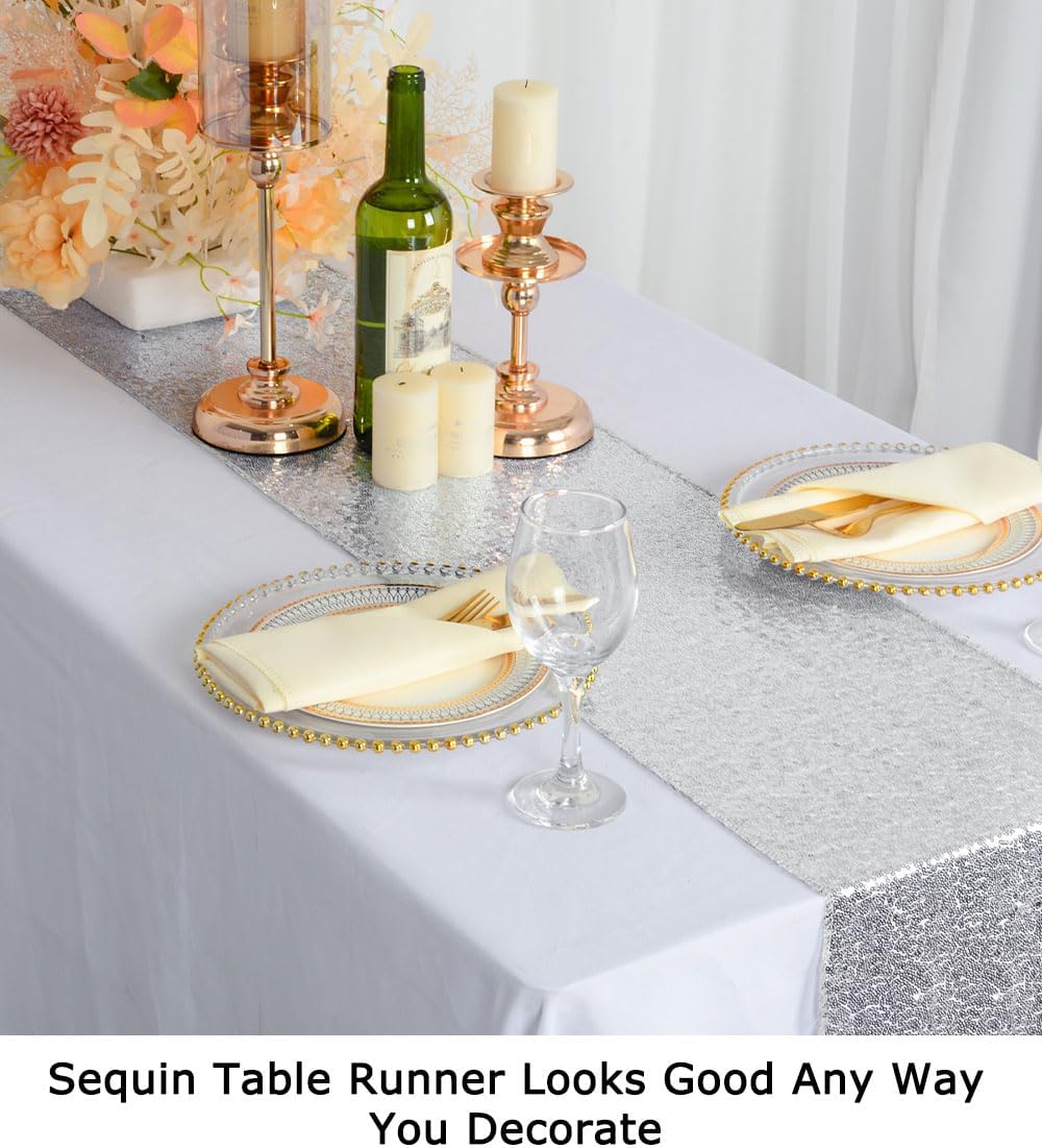 ShinyBeauty Silver Sequin Table Runner 12x108 Inch - Roll-Up Wedding Party Decor, Sparkling Holiday Tablecloth