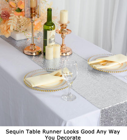 ShinyBeauty Silver Sequin Table Runner 12x108 Inch - Roll-Up Wedding Party Decor, Sparkling Holiday Tablecloth