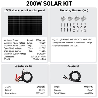 DOKIO 200W 18V Solar Panel Kit Monocrystalline with Aluminum Frame and MC4, Mounting Brackets, Alligator Clips & 5m Cable for RV, Boat, Roof, Cabin, Off-Grid (Controller Required)