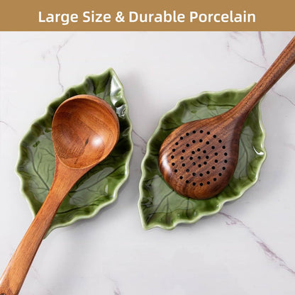YumiPLUS Ceramic Leaf Shape Spoon Rest for cooking, Cute Green Cooking Spoon Holder for Stove Top,Large Porcelain Spatula Rest for Kitchen Counter, Farmhouse Kitchen Decor (green)