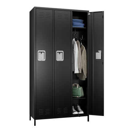 METALYEYE 3 Doors Metal Storage Lockers for Employees, Industrial Steel Locker with 9 Hooks for Gym,School,Garage,Office,Assembly Required,Black