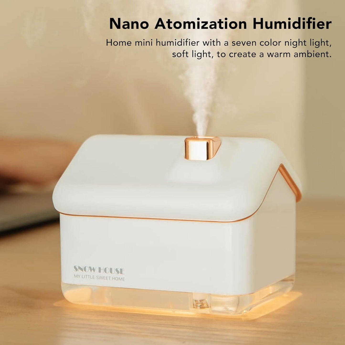 Desktop Humidifier, Snow House Humidifier with 2 Speed Adjustment, Portable Silent USB Plug In Gift with Night Light