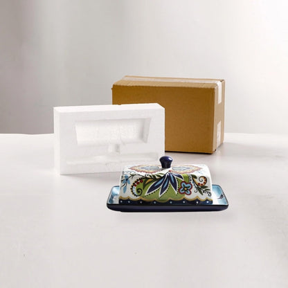 Ceramic Butter Dish with Lid Bohemia Hand Drawn Butter Plate Tray with Cover for Cheese Vintage Cheese Container Holder European-Style Butter Keeper for Home Kitchen 7.9 x 4.5 x 3.1 Inches (1)