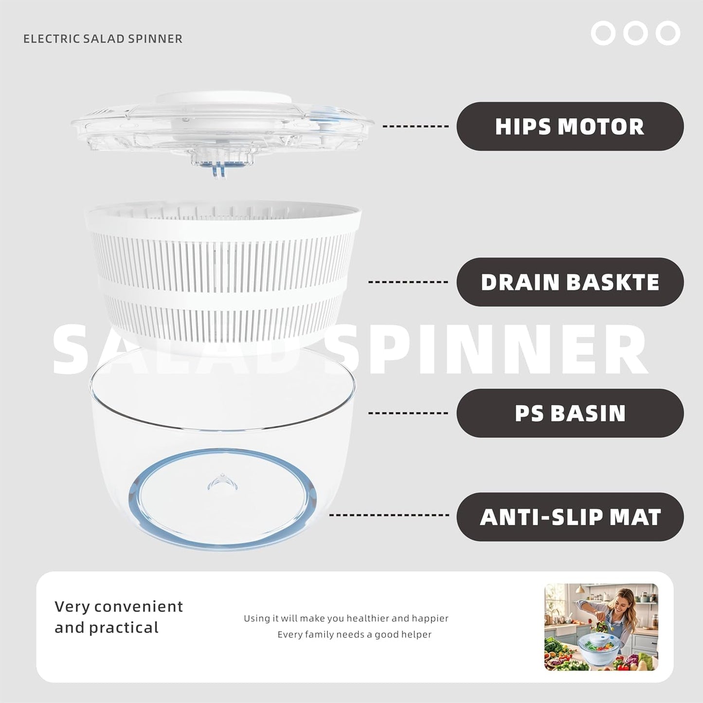 Subbuteo Electric Salad Spinner 4Qt – Rechargeable Lettuce Washer & Vegetable Dryer with 2+ Month Battery Life, Type-C, Detachable Parts, Spin Dry Kitchen Gadget for Greens Herbs Berries