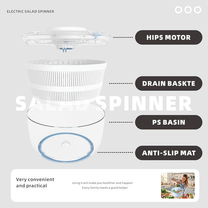 Subbuteo Electric Salad Spinner 4Qt – Rechargeable Lettuce Washer & Vegetable Dryer with 2+ Month Battery Life, Type-C, Detachable Parts, Spin Dry Kitchen Gadget for Greens Herbs Berries