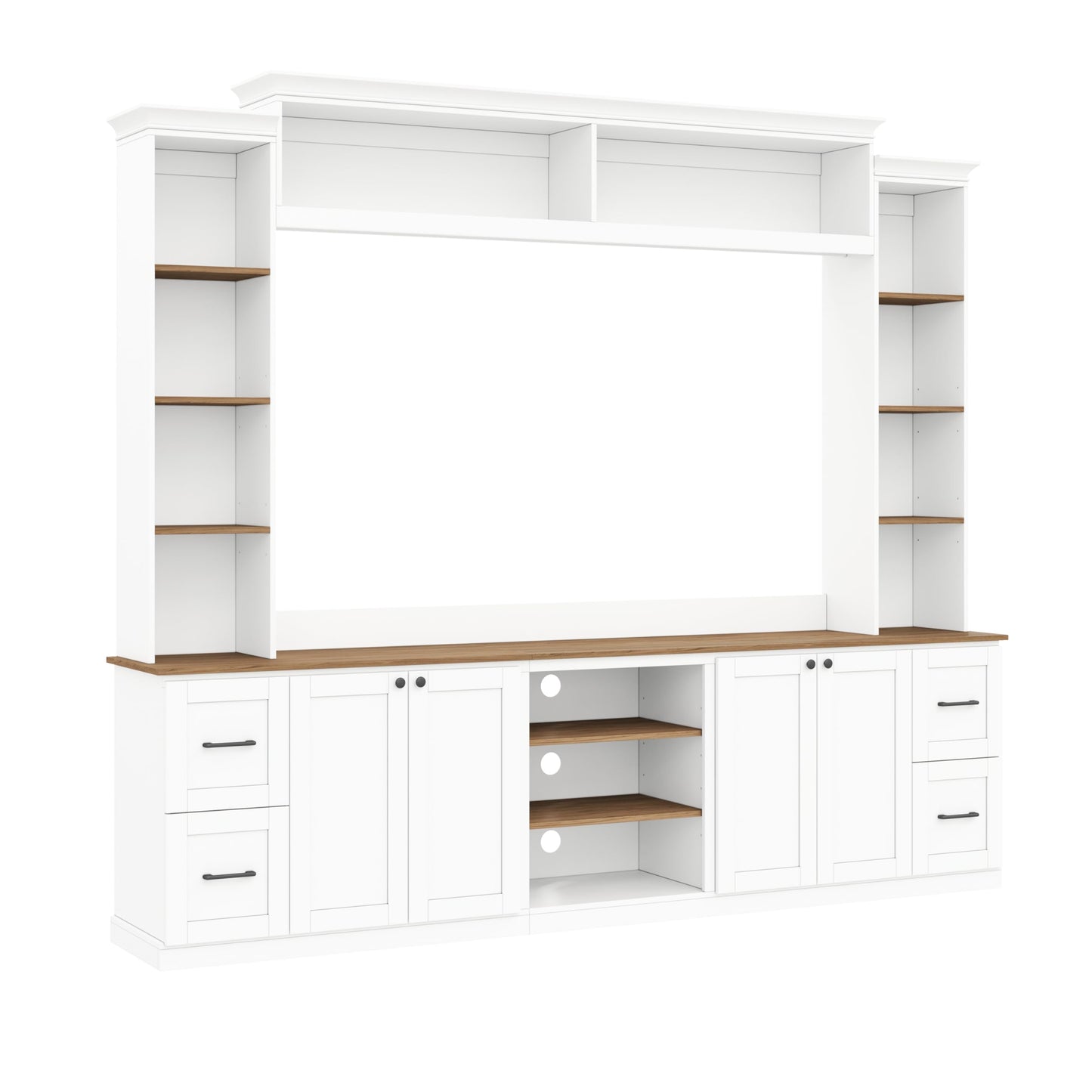 Ball & Cast 94.8" Entertainment Center Wall Unit with Bookshelf for TVs Up to 70",Farmhouse Large TV Stand with Walnut Adjustable Shelves,Retro Media Console with 4 Drawers for Living Room,White
