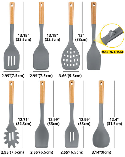 Silicone Kitchen Utensil Set for Non Stick Cookware, 7 Pcs Heat Resistant Cooking Utensils with Wooden Handle, BPA Free Kitchen Tools with Spatulas, Spoons, Skimmer and Pasta Fork (GRAY)