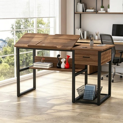 Drafting Table with Adjustable Drawing Board, Storage Drawer and Shelves, Wood and Metal, 47.24 x 23.62 x 29.53 Inch