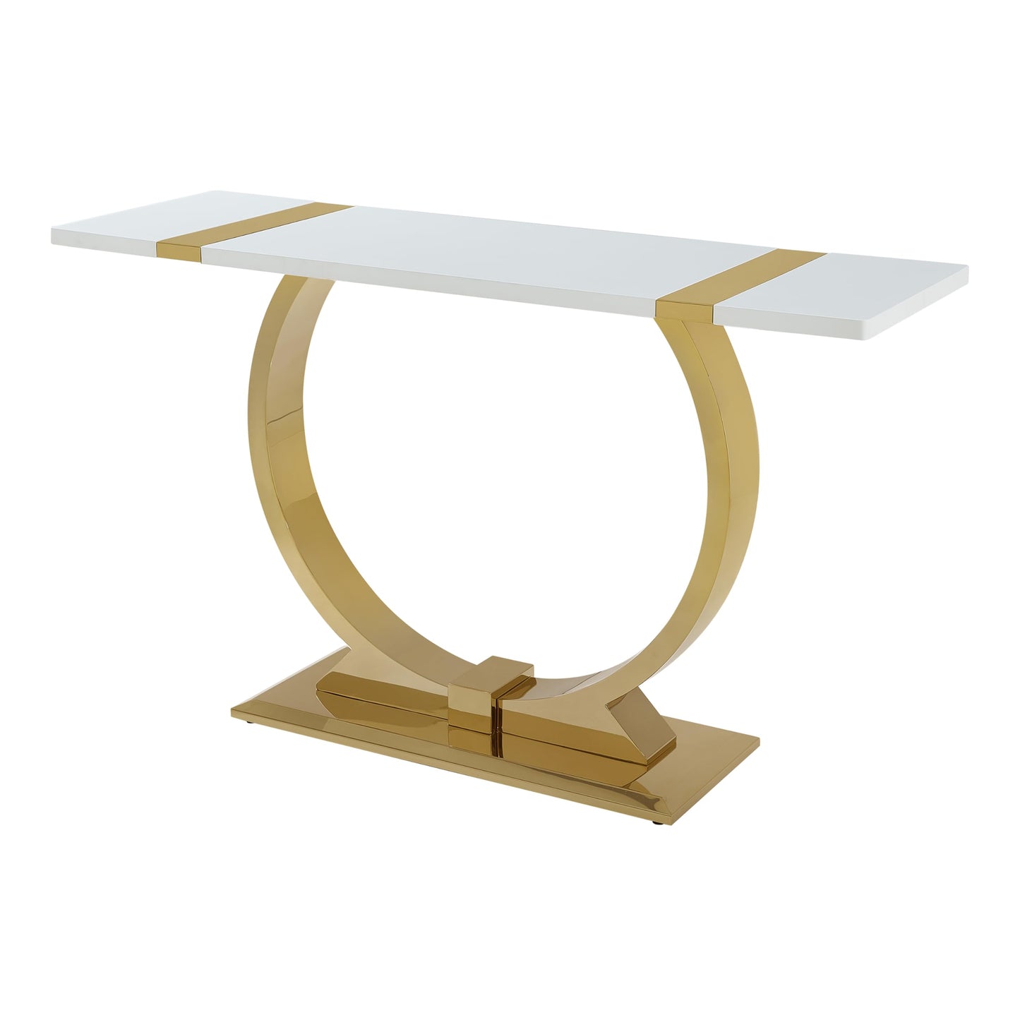 Furniture of America Wellit Glam Wood 50-inch White Sofa Table with O-Shaped Stainless Steel Trestle Base for Living Room, Gold