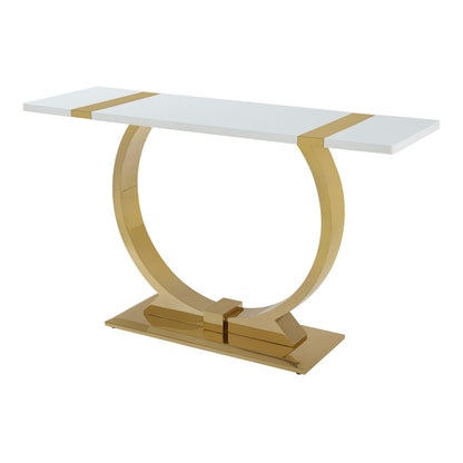 Furniture of America Wellit Glam Wood 50-inch White Sofa Table with O-Shaped Stainless Steel Trestle Base for Living Room, Gold