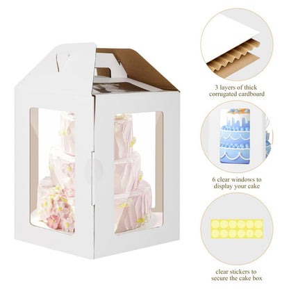 2 Pack Tall Cake Boxes for Tier Cakes with Cake Boards, 12x12x14 Inch 2 Tier Cake Box Tall Cake Carrier Large Tiered Cake Box with Handle for Valentine's Day, Mother's Day, Wedding, Birthday Party