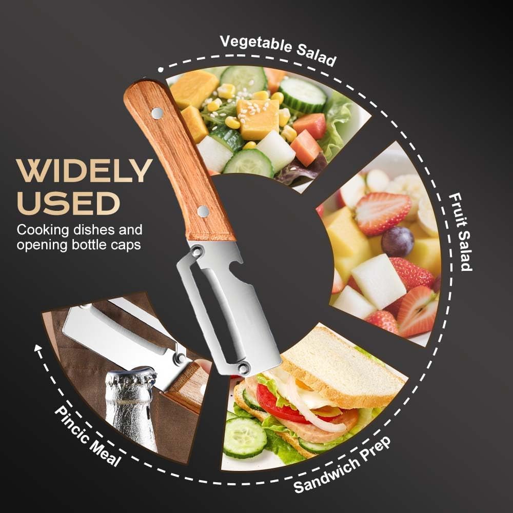 2 Pcs Premium Vegetable Peeler with Wooden Handle and Bottle Opener: 2-in-1 Stainless Steel Kitchen Tool for Fruit Apple Potato Pumpkin Papaya