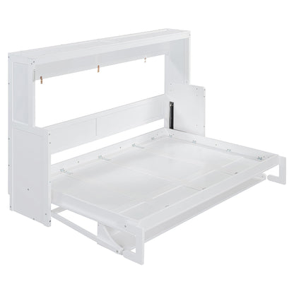 Ball & Cast Murphy Bed Full Size Hideaway Beds with Hydraulic Lift & Desk Design,Industrial Multifunction Wood Wall Cabinets Bedframe W/Hardware Chain,Space-Saving for Apartment,White