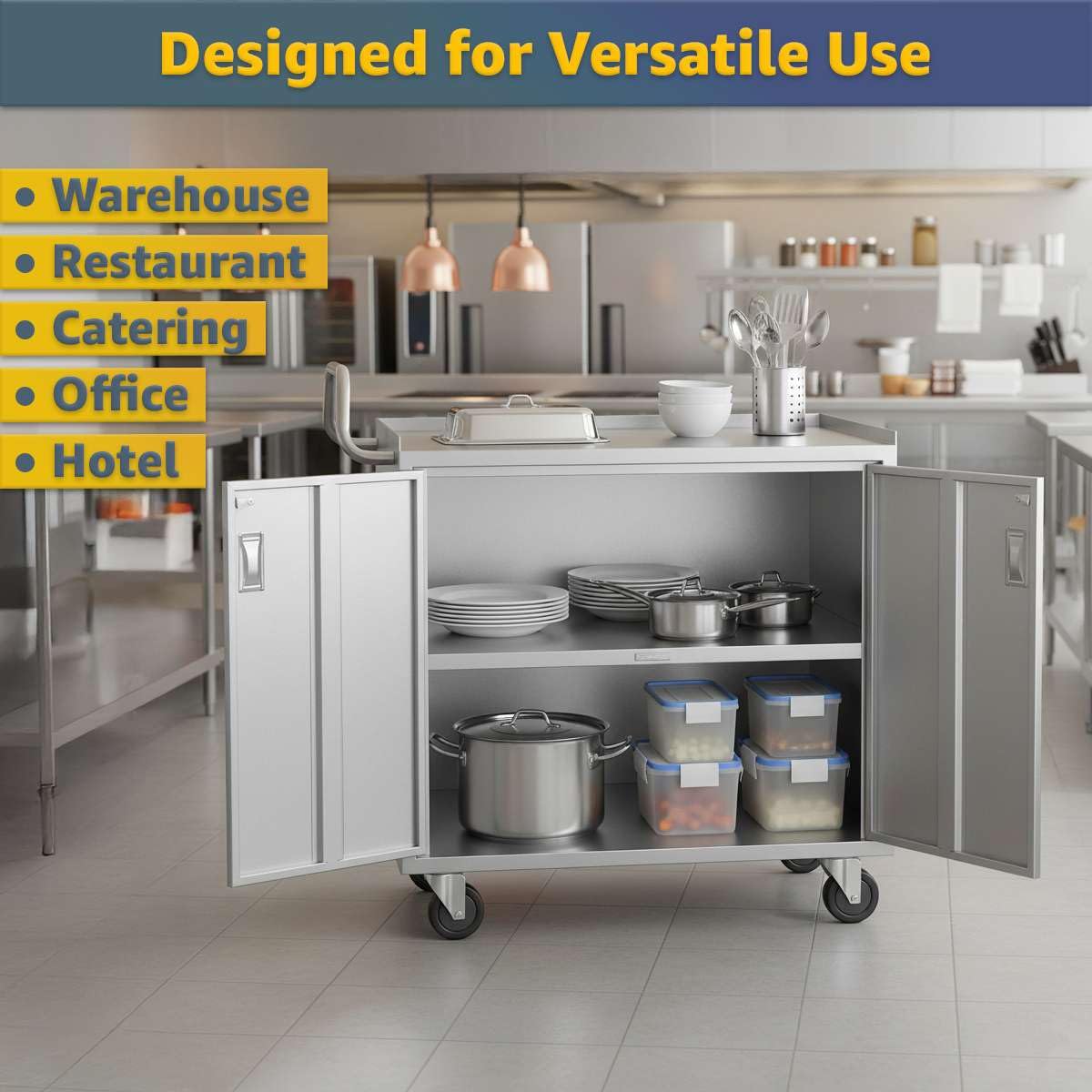 21" x 33" Commercial NSF Stainless Steel Utility Cart - 3 Shelf Enclosed Base with Locking Doors, Heavy-Duty Service Cart on Wheels for Kitchens and Catering