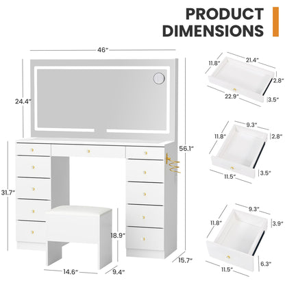 Fkhouse 11 Drawers Glass Top Vanity Desk with Chair, Crystal Handles Makeup Vanity with Mirror and Lights, Dressing Table with Power Outlet, Adjustable Lighting Modes, White