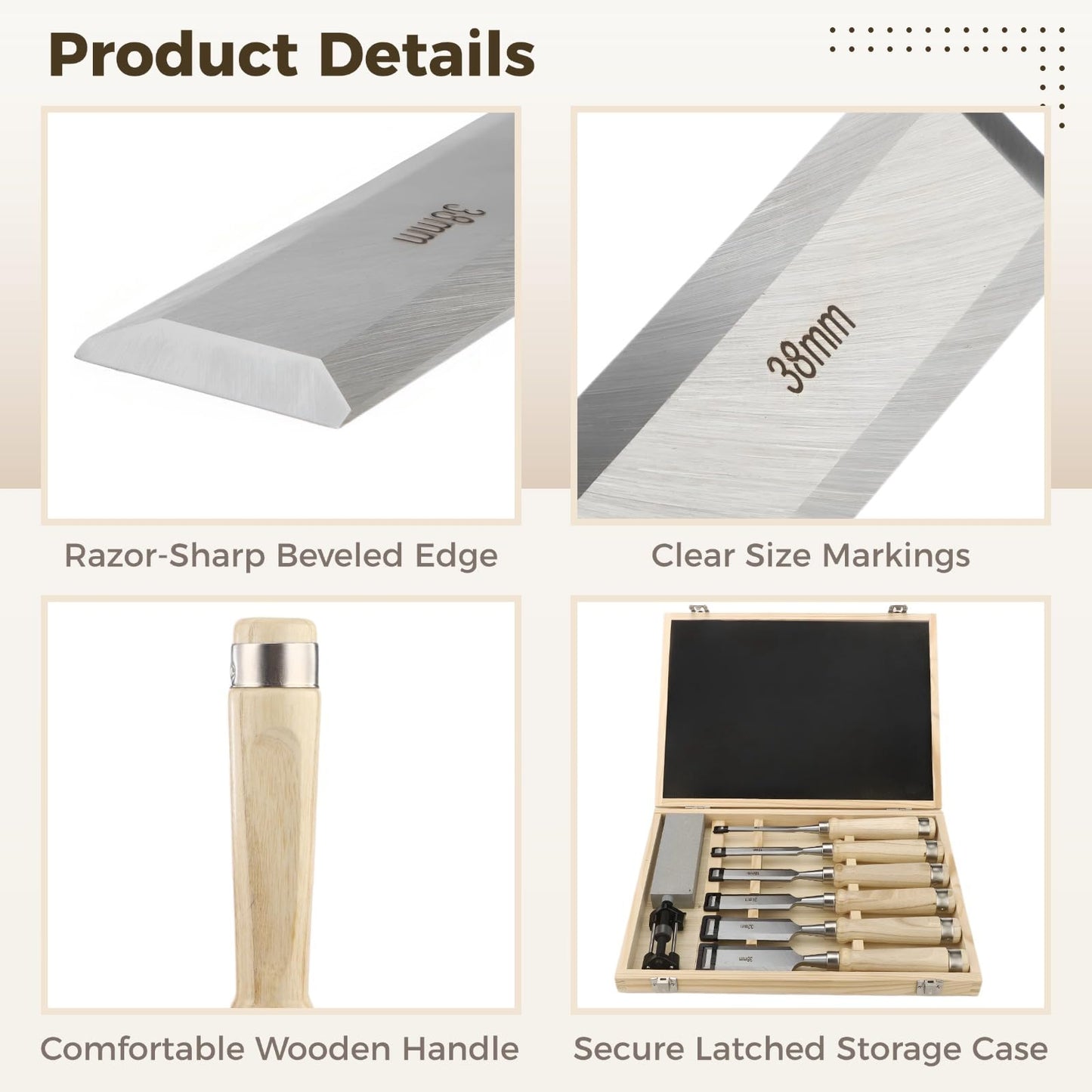8 Pcs Wood Chisel Set for Woodworking, CR-V Steel Wood Carving Chisels Kit (1/4" to 1-1/2") with Sharpening Stone & Honing Guide, Professional Carpentry Hand Tools in Wooden Box