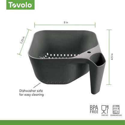 Tovolo Elements Square Colander with Handle Strainer Basket for Pasta Fruit Berries Veggies, Easy to Clean BPA Free Heat Resistant Plastic Colander with Spout 3 Quart Kitchen Strainer, Charcoal Gray